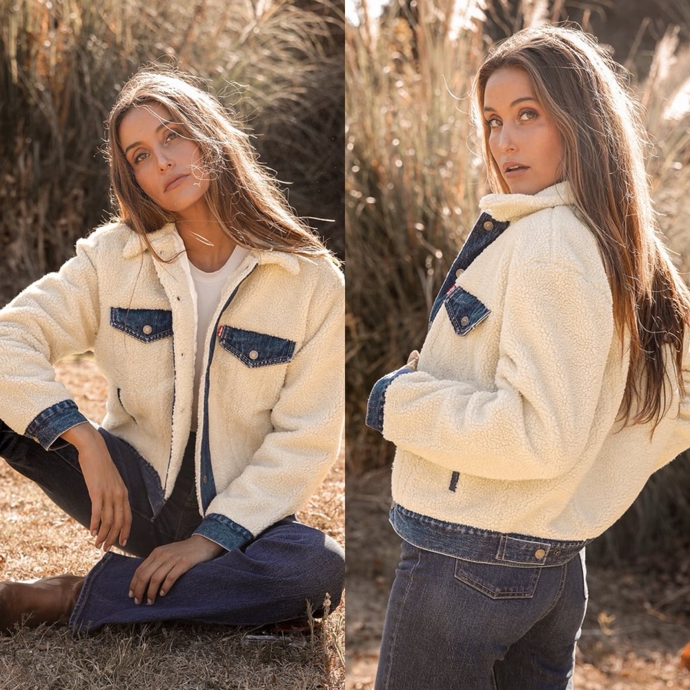 Levi’s Ex-Boyfriend Pieced Off White Multi Shearling Trucker Jacket